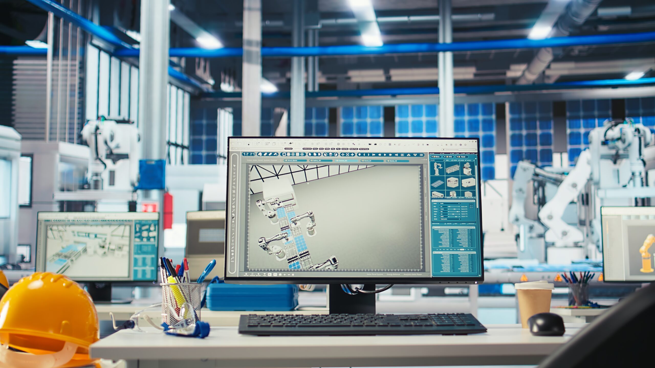 PC monitor on desk in green energy solar panels plant with CAD software